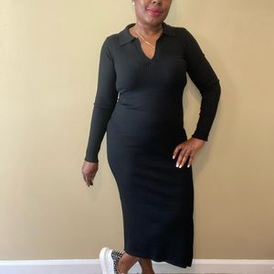 Ribbed Knit Long Sleeve Collared MIDI Dress